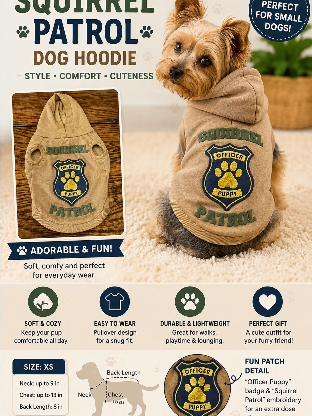 Squirrel Patrol Dog Hoodie - Tan - Officer Puppy Patch